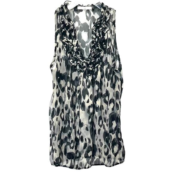 CHARLOTTE RUSSE SLEEVELESS RUFFLED V-NECK BLOUSE, WOMENS, L-BLACK & GREY LEOPARD - Picture 1 of 9